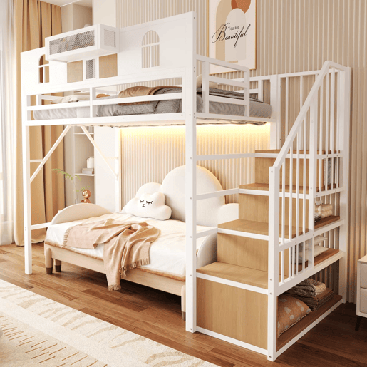 Cama alta metálica 90x200 cm - escada com arrumação, LED, prateleiras e corrimão - Branco