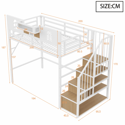 Cama alta metálica 90x200 cm - escada com arrumação, LED, prateleiras e corrimão - Branco