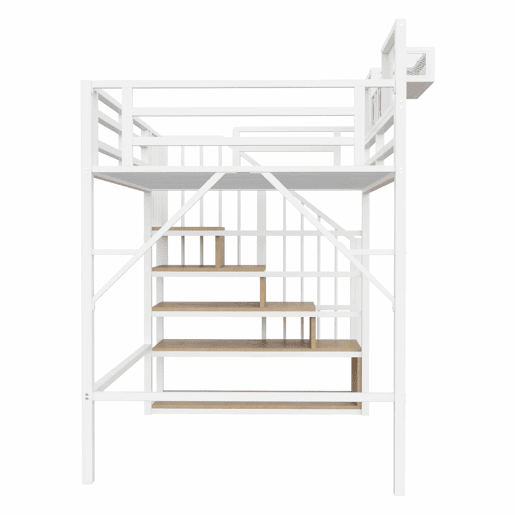 Cama alta metálica 90x200 cm - escada com arrumação, LED, prateleiras e corrimão - Branco