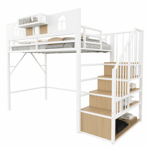 Cama alta metálica 90x200 cm - escada com arrumação, LED, prateleiras e corrimão - Branco