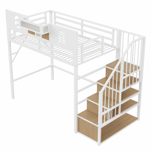 Cama alta metálica 90x200 cm - escada com arrumação, LED, prateleiras e corrimão - Branco