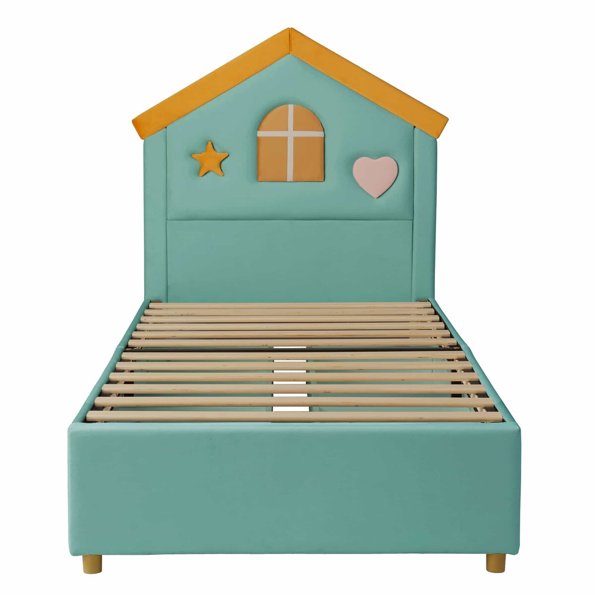 Cama infantil 90x200 cm - cama casa tapizada con 4 cajones de almacenamiento, terciopelo francés y cabecero acolchado - azul verdoso