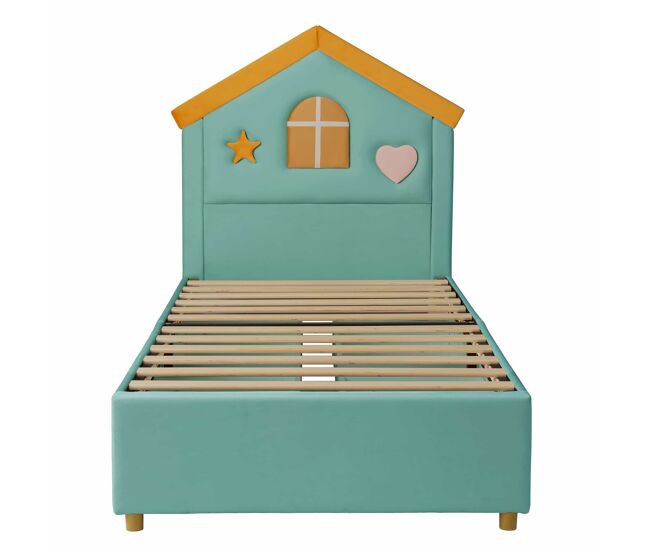 Cama infantil 90x200 cm - cama casa tapizada con 4 cajones de almacenamiento, terciopelo francés y cabecero acolchado - azul verdoso