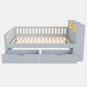 Cama individual 90x200 cm - com gavetas, espaço de arrumação, tomada, luz LED e grade de segurança - cinzenta