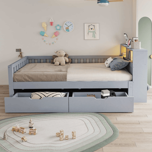 Cama individual 90x200 cm - com gavetas, espaço de arrumação, tomada, luz LED e grade de segurança - cinzenta