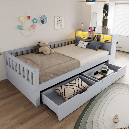 Cama individual 90x200 cm - com gavetas, espaço de arrumação, tomada, luz LED e grade de segurança - cinzenta
