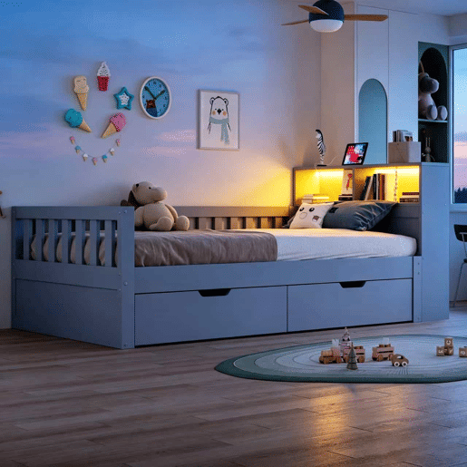 Cama individual 90x200 cm - com gavetas, espaço de arrumação, tomada, luz LED e grade de segurança - cinzenta