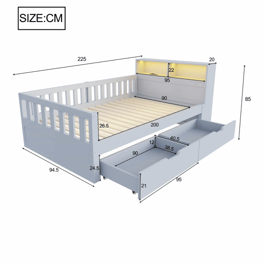 Cama individual 90x200 cm - com gavetas, espaço de arrumação, tomada, luz LED e grade de segurança - cinzenta