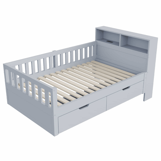 Cama individual 90x200 cm - com gavetas, espaço de arrumação, tomada, luz LED e grade de segurança - cinzenta