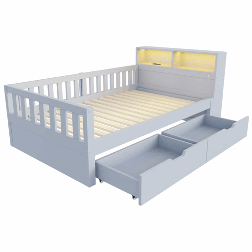 Cama individual 90x200 cm - com gavetas, espaço de arrumação, tomada, luz LED e grade de segurança - cinzenta