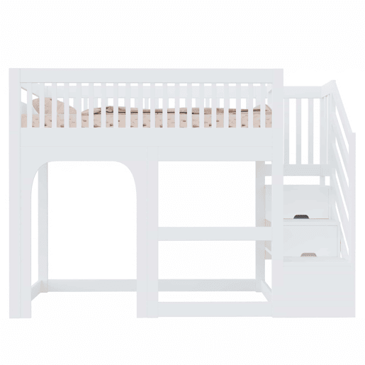 Cama alta infantil 90x200 cm - modelo com porta e janela, escada com espaço de arrumação, luz LED, grade de segurança e base de colchão - Branco