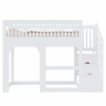 Cama alta infantil 90x200 cm - modelo com porta e janela, escada com espaço de arrumação, luz LED, grade de segurança e base de colchão - Branco