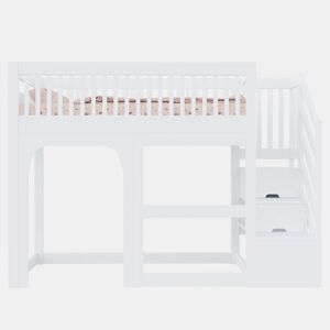 Cama alta infantil 90x200 cm - modelo com porta e janela, escada com espaço de arrumação, luz LED, grade de segurança e base de colchão - Branco