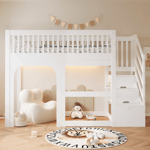Cama alta infantil 90x200 cm - modelo com porta e janela, escada com espaço de arrumação, luz LED, grade de segurança e base de colchão - Branco