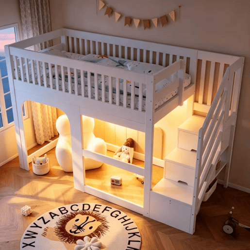 Cama alta infantil 90x200 cm - modelo com porta e janela, escada com espaço de arrumação, luz LED, grade de segurança e base de colchão - Branco