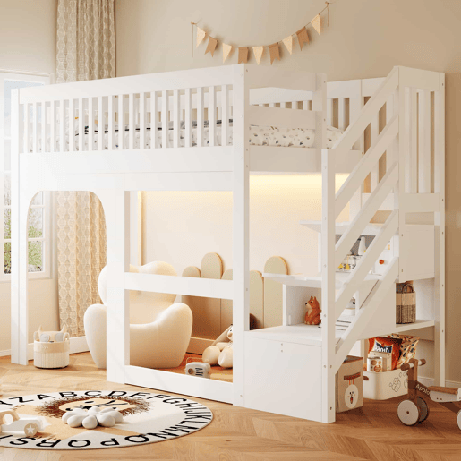 Cama alta infantil 90x200 cm - modelo com porta e janela, escada com espaço de arrumação, luz LED, grade de segurança e base de colchão - Branco