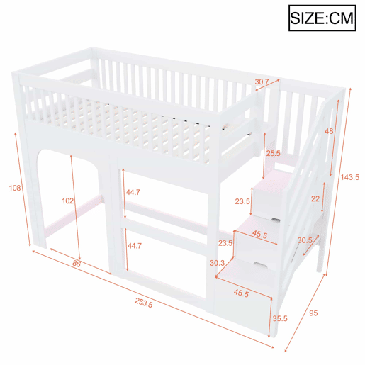 Cama alta infantil 90x200 cm - modelo com porta e janela, escada com espaço de arrumação, luz LED, grade de segurança e base de colchão - Branco