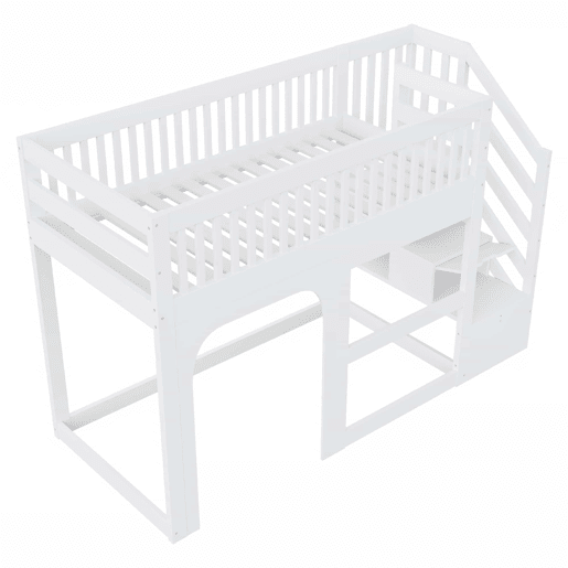 Cama alta infantil 90x200 cm - modelo com porta e janela, escada com espaço de arrumação, luz LED, grade de segurança e base de colchão - Branco