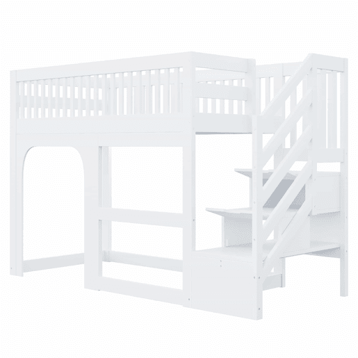 Cama alta infantil 90x200 cm - modelo com porta e janela, escada com espaço de arrumação, luz LED, grade de segurança e base de colchão - Branco