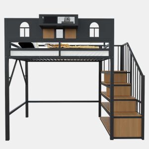 Cama alta metálica 90x200 cm u2014 com escada com espaço de arrumação, luz LED, prateleira, janela e grade de segurança u2014 preta
