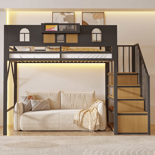 Cama alta metálica 90x200 cm u2014 com escada com espaço de arrumação, luz LED, prateleira, janela e grade de segurança u2014 preta