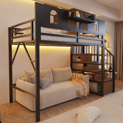Cama alta metálica 90x200 cm u2014 com escada com espaço de arrumação, luz LED, prateleira, janela e grade de segurança u2014 preta