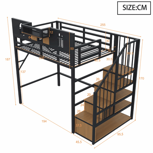 Cama alta metálica 90x200 cm u2014 com escada com espaço de arrumação, luz LED, prateleira, janela e grade de segurança u2014 preta