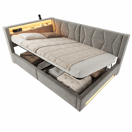 Cama estofada 140x200 cm - com arrumação hidráulica, LED, USB e Type-C, cabeceira e pés iluminados - Cinza