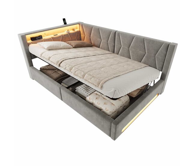 Cama tapizada 140x200 cm - con almacenaje hidráulico, led, usb y type-c, cabecero y piecero iluminados - gris