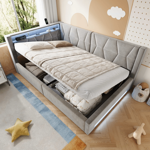 Cama estofada 140x200 cm - com arrumação hidráulica, LED, USB e Type-C, cabeceira e pés iluminados - Cinza