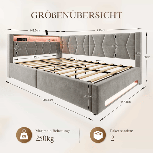Cama estofada 140x200 cm - com arrumação hidráulica, LED, USB e Type-C, cabeceira e pés iluminados - Cinza