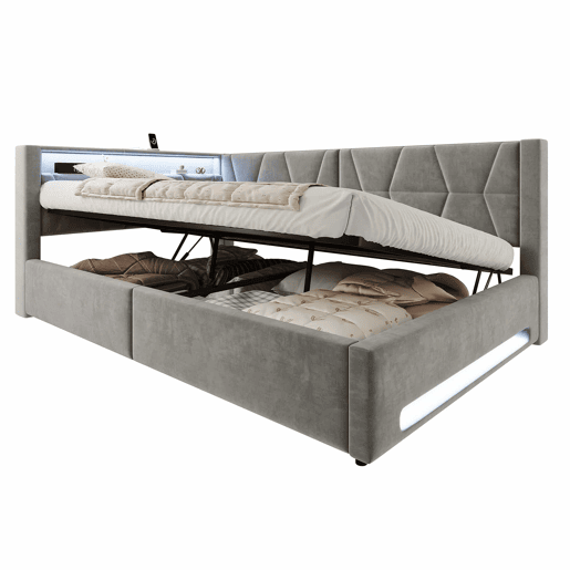 Cama estofada 140x200 cm - com arrumação hidráulica, LED, USB e Type-C, cabeceira e pés iluminados - Cinza