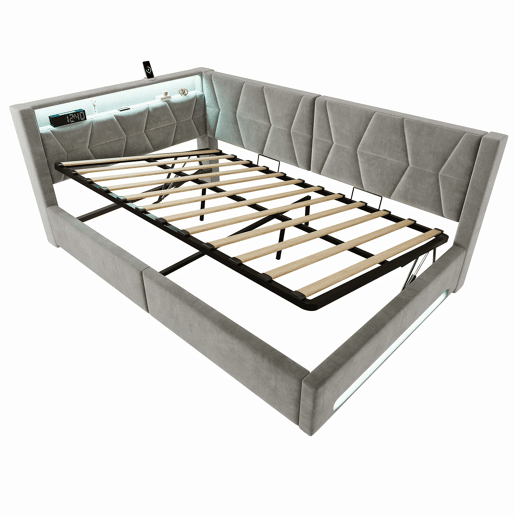 Cama estofada 140x200 cm - com arrumação hidráulica, LED, USB e Type-C, cabeceira e pés iluminados - Cinza
