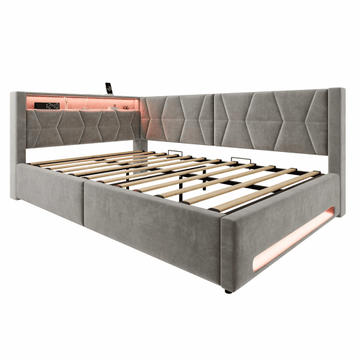 Cama estofada 140x200 cm - com arrumação hidráulica, LED, USB e Type-C, cabeceira e pés iluminados - Cinza