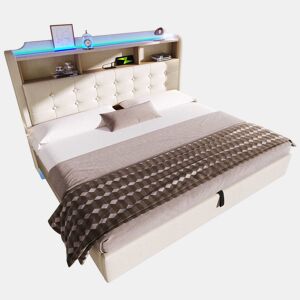 Cama estofada 180x200 cm - LED, arrumação hidráulica, USB e Type-C, design flutuante - Bege
