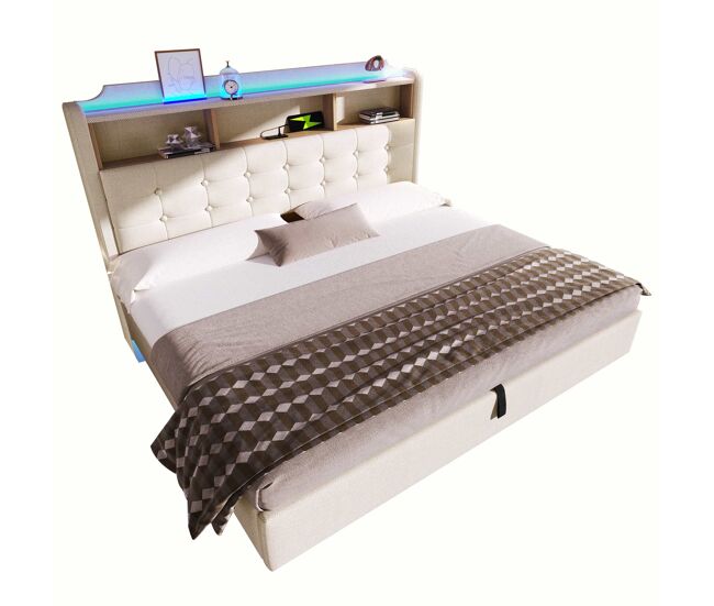 Cama tapizada 180x200 cm - led, almacenamiento hidráulico, usb y type-c, diseño flotante - beige