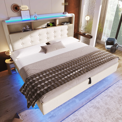 Cama estofada 180x200 cm - LED, arrumação hidráulica, USB e Type-C, design flutuante - Bege Cama estofada 180x200 cm - LED, arrumação hidráulica, USB e Type-C, design flutuante - Bege