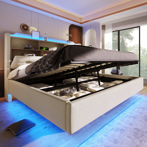 Cama estofada 180x200 cm - LED, arrumação hidráulica, USB e Type-C, design flutuante - Bege Cama estofada 180x200 cm - LED, arrumação hidráulica, USB e Type-C, design flutuante - Bege