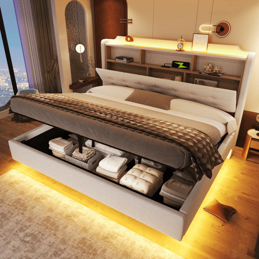 Cama estofada 180x200 cm - LED, arrumação hidráulica, USB e Type-C, design flutuante - Bege Cama estofada 180x200 cm - LED, arrumação hidráulica, USB e Type-C, design flutuante - Bege