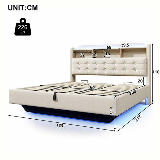 Cama estofada 180x200 cm - LED, arrumação hidráulica, USB e Type-C, design flutuante - Bege Cama estofada 180x200 cm - LED, arrumação hidráulica, USB e Type-C, design flutuante - Bege