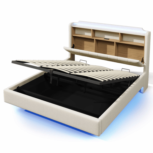 Cama estofada 180x200 cm - LED, arrumação hidráulica, USB e Type-C, design flutuante - Bege Cama estofada 180x200 cm - LED, arrumação hidráulica, USB e Type-C, design flutuante - Bege