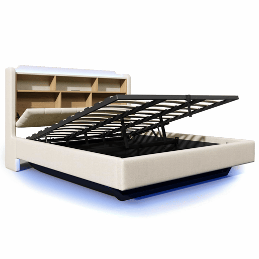Cama estofada 180x200 cm - LED, arrumação hidráulica, USB e Type-C, design flutuante - Bege Cama estofada 180x200 cm - LED, arrumação hidráulica, USB e Type-C, design flutuante - Bege
