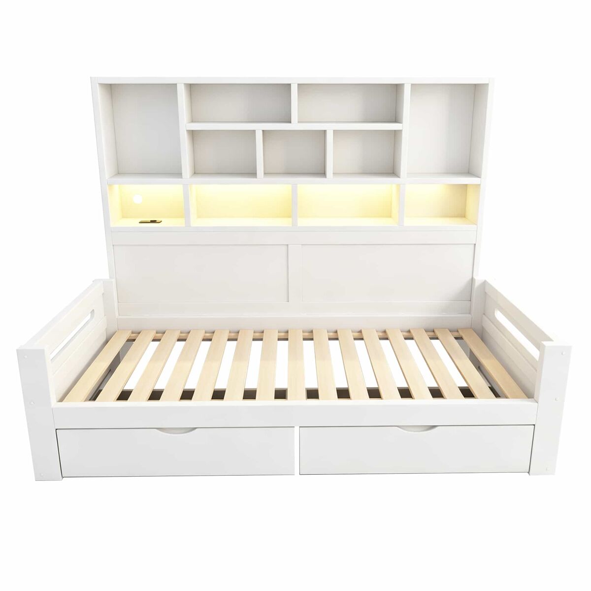Sofá cama juvenil 90x200 cm - almacenaje, led, enchufes, armario y cajones - blanco