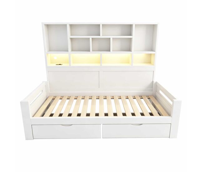 Sofá cama juvenil 90x200 cm - almacenaje, led, enchufes, armario y cajones - blanco