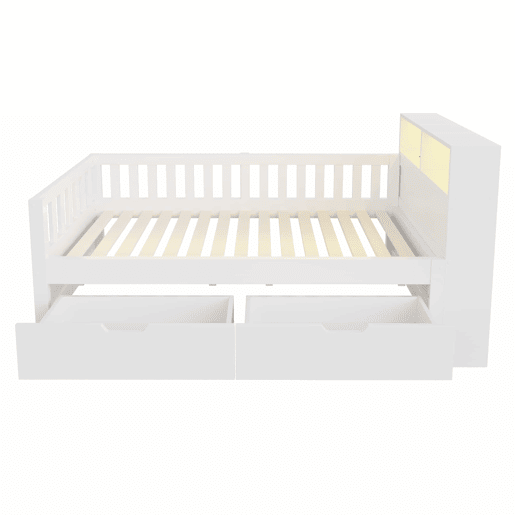 Cama individual 90x200 cm - com gavetas, prateleiras, luz LED, tomada e grade de segurança - Branco