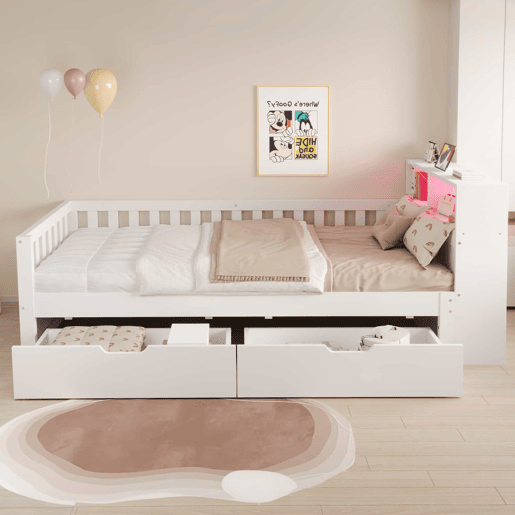 Cama individual 90x200 cm - com gavetas, prateleiras, luz LED, tomada e grade de segurança - Branco