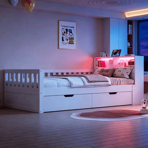 Cama individual 90x200 cm - com gavetas, prateleiras, luz LED, tomada e grade de segurança - Branco