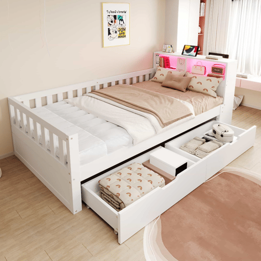 Cama individual 90x200 cm - com gavetas, prateleiras, luz LED, tomada e grade de segurança - Branco