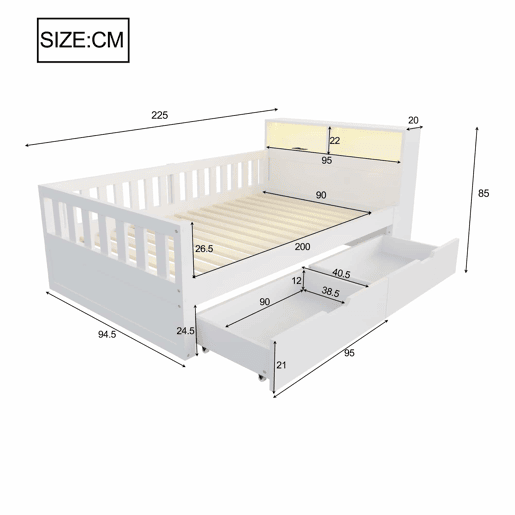 Cama individual 90x200 cm - com gavetas, prateleiras, luz LED, tomada e grade de segurança - Branco