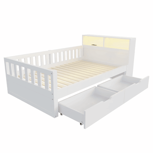 Cama individual 90x200 cm - com gavetas, prateleiras, luz LED, tomada e grade de segurança - Branco